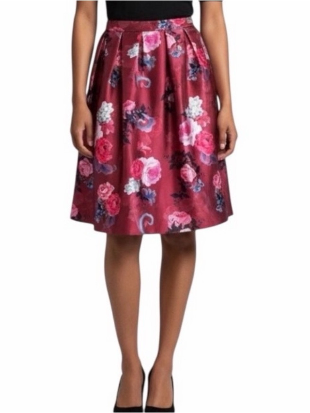 Toi et Moi Red Satin Midi A like Skirt with Floral Print size Large